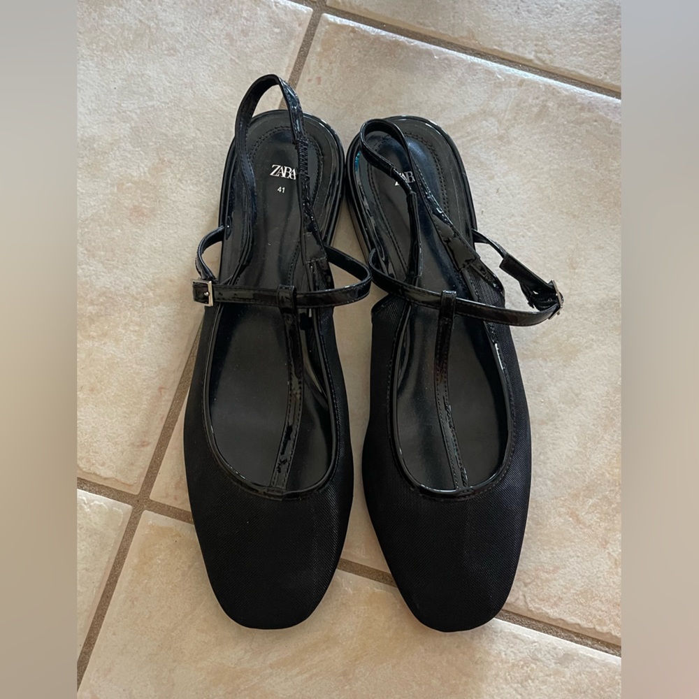 Zara Flat Mesh Mary Jane Shoes Buckled strap Black Sz 10/41
